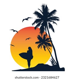 surf and sunset in beach vector illustration
