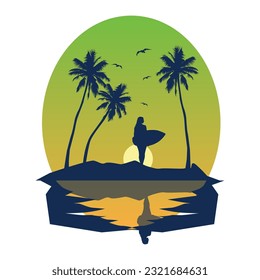 surf and sunset in beach vector illustration