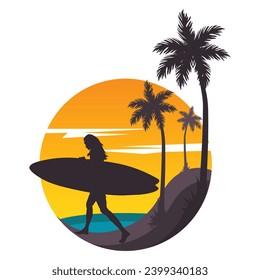 surf and sunset in beach vector illustration