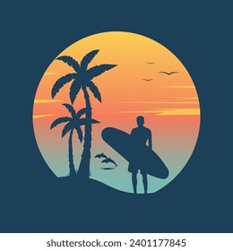 surf and sunset in beach vector illustration