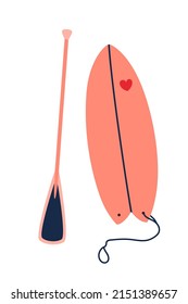 Surf or sup board with paddle. Flat vector cartoon illustration, clipart.