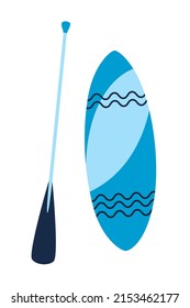 Surf or sup board with paddle. Flat vector cartoon illustration, clipart.