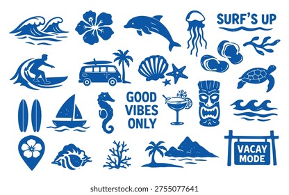 Surf surfboard wave with beach hawaii icon for summer hawaiian hand. Element stamp bali with surf waves tropical for vintage palm sea. Doodle illustration surf with turtle beach flower.