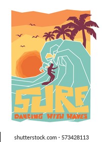 Surf. Surfer und große Welle. Surfgrafik. T-Shirt-Design. Typografie-Surfen