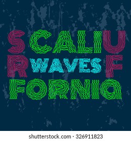 Surf, Surfing, California, waves, grunge background, psychedelic art, poster, banner, flyer, postcard, typography, t-shirt graphics, vector
