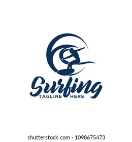 Surf surfing logo template vector with man silhouette