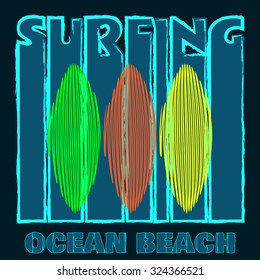 Surf, Surfing, Ocean beach, psychedelic art, poster, banner, flyer, postcard, typography, t-shirt graphics, vector