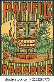 Surf surfing summer tribal poster. Tiki mask on board. Surfer and tropical leaves print