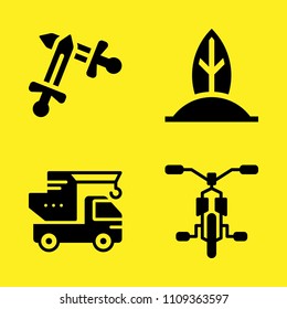 surf, swords, bicycle and crane vector icon set. Sample icons set for web and graphic design