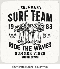 Surf Team print in black and white for t-shirt or apparel. Retro beach style graphic with old school typography for fashion and printing. Vintage effects are easily removable.