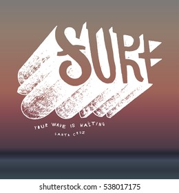 surf text drawing on a morning ocean background.