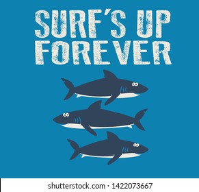 surf text and shark vector with surfboard