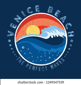  surf theme text with waves and and sun vector illustrations. For t-shirt prints and other uses.