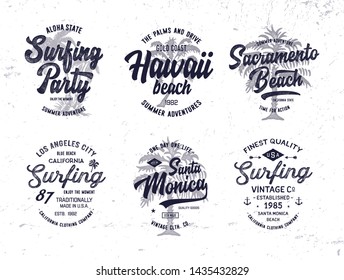Surf Theme. Vintage Apparel Print Designs. Retro Fashioned T Shirt Badges. Vector Illustration.
