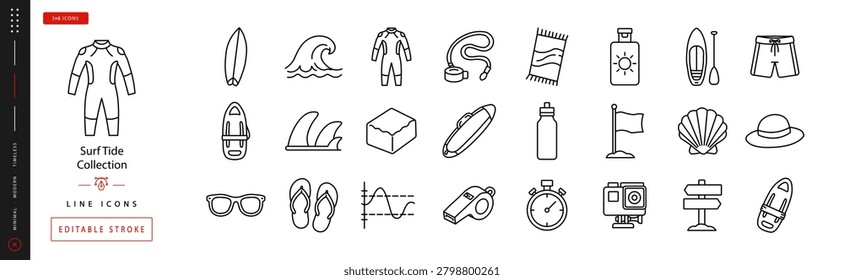 Surf Tide Collection. Line icon set of Surfing Sport: surfboard, ocean wave, wetsuit, leash cord, beach towel, sunscreen bottle, lifeguard buoy, fin set, wax block, board bag, water bottle, beach