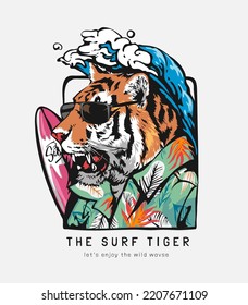 surf tiger slogan with tiger in sunglases and splashing wave graphic vector illustration