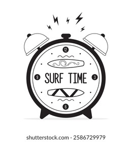 Surf time. Alarm clock with surfboards and text, monochrome design isolated on white background. Surfing on tropical beach. Black icon or sign. flat vector illustration