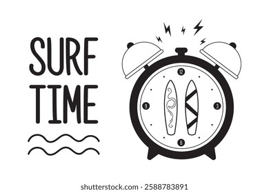 Surf time. Alarm clock with surfboards and text, monochrome design isolated on white background. Horizontal banner template. Surfing on tropical beach. Black icon or sign. flat vector illustration