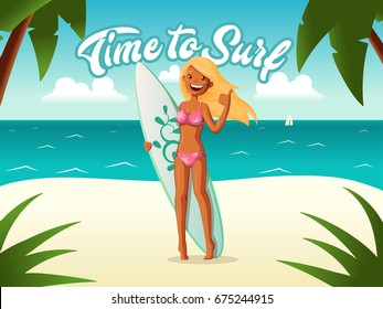 Surf Time Background. Girl with surf