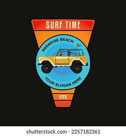 Surf time badge design with surf car and pennant. Summer Travel logo graphics. Stock vector retro label isolated on black background