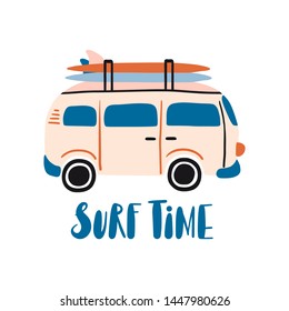 Surf time card, print or poster. Bus with surfing boards. Retro van with surfboard on top of the roof. Vintage pink minibus. Summer vacation. Travel vector illustration  with lettering