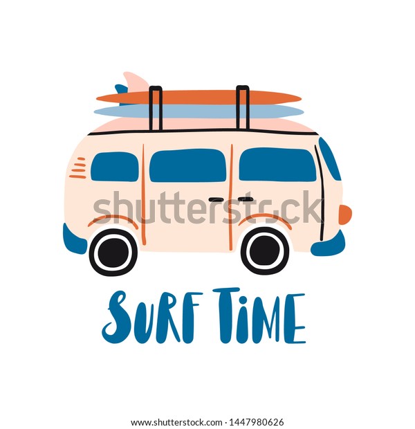 Surf\
time card, print or poster. Bus with surfing boards. Retro van with\
surfboard on top of the roof. Vintage pink minibus. Summer\
vacation. Travel vector illustration  with\
lettering