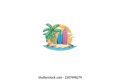 Surf time for happiness. Vector logo illustration of beach, palm, coconut, surfboard.
