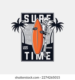 Surf time logo design template, with skull and surfboard human character