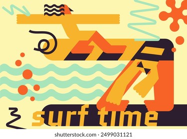 "Surf Time" poster. Trendy dynamic graphic illustration. Illustration in geometric style. Card with the image of abstract surfer characters.