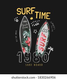 surf time slogan with surfboard illustration on black background