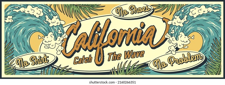 Surf time summer poster. Surfing chill bar. California in a tropical state of mind