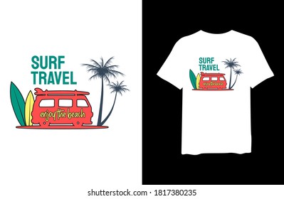 Surf travel enjoy the beach with tropical palm silhouettes, stylish t-shirts and trendy clothing designs with lettering, and printable, vector illustration designs.