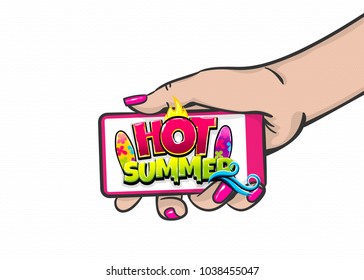 Surf travel. Seasonal hot summer big sale price, discount. Comic 3d text pop art. Vector halftone background illustration. Woman hold hand touch screen smartphone. Advertisement poster summer banner