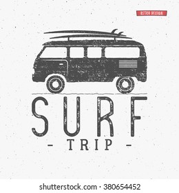 Surf trip concept Vector Summer surfing retro badge. Beach surfer emblem , rv outdoors banner, vintage background. Boards, retro car. Surfer icon design. For summer Logotype, label, party brochure