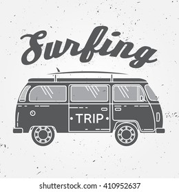 Surf trip concept Vector Summer surfing retro badge. Beach surfer emblem , rv outdoors banner, vintage background. Boards, retro car. Surf icon design. 