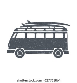 Surf trip concept. Vector Summer surfing retro badge. Beach surfer emblem. Boards, retro car. Surfer icon design. For summer Logotype, label, party brochure