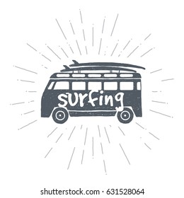 Surf trip concept. Vector Summer surfing retro badge. Beach surfer emblem. Boards. Label, party brochure. Car. Bus. T-shirt print.