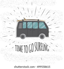 Surf trip concept.Vector Summer surfing retro badge. Beach surfer emblem , rv outdoors banner, vintage background. Boards, retro car. Travel icon design. For summer relax. Logotype, label, brochure