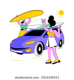 Surf trip isolated cartoon vector illustrations. Happy girls travel with a van, preparing for surfing, people lifestyle, sea adventure, road trip, leisure time with friends vector cartoon.