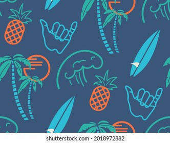 A surf, tropical, pineapple and palm themed t-shirt for kids and teens, or a seamless vector print design that can be used anywhere.