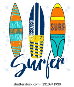 surf t-shirt graphic design. Bright summer illustration . for textiles, prints, for boy and girl