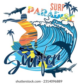 surf t-shirt graphic design. Bright summer illustration . for textiles, prints, for boy and girl