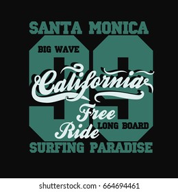 Surf t-shirt graphic design. Santa Monica Beach free ride surfing. California surfers wear typography emblem. Creative design. Vector