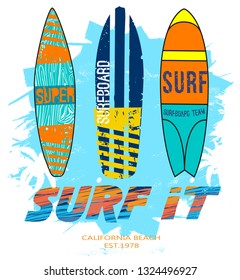 surf t-shirt graphic design with slogat SURF IT. Bright summer illustration . for textiles, prints, for boy and girl
