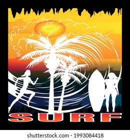 Surf T-shirt with a great design for surfing! Skateboard and word surf high!