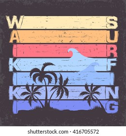 Surf t-shirt Hawaii graphic design. Surfing sport print stamp. Waikiki surfers wear typography retro emblem. Creative design. Vector 