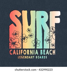 Surf typography graphic with gradient letters and hibiscus flower line art on textured dark background. For t shirt prints, posters, stickers and summer apparel design.