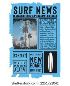 Surf typography on newspaper layout. t shirt graphics. Print. vector