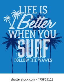 Surf typography with palms tree illustration for t-shirt print , vector illustration.