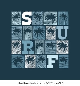 Surf typography posters. Concept in vintage style for print production. T-shirt fashion Design. Template for postcard, banner, flyer.